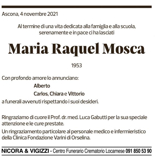 Annuncio funebre Maria Raquel Mosca