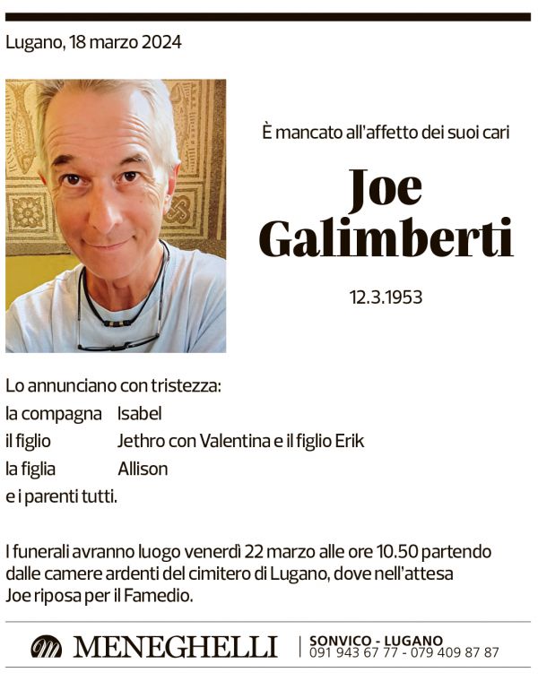 Annuncio funebre Joe Galimberti