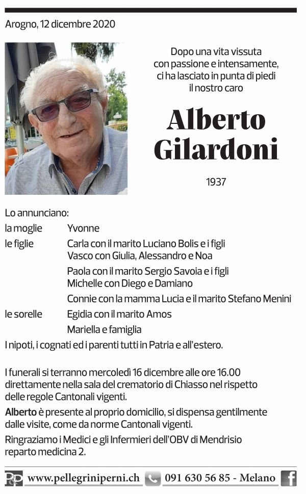 Annuncio funebre Alberto Gilardoni