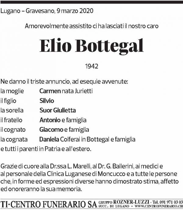 Annuncio funebre Elio Bottegal