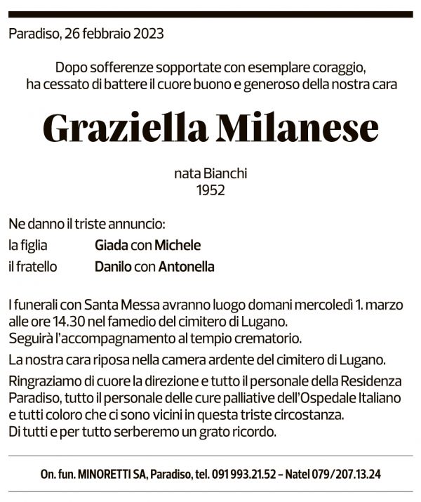 Annuncio funebre Graziella Milanese