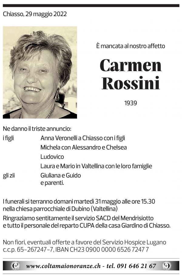 Annuncio funebre Carmen Rossini