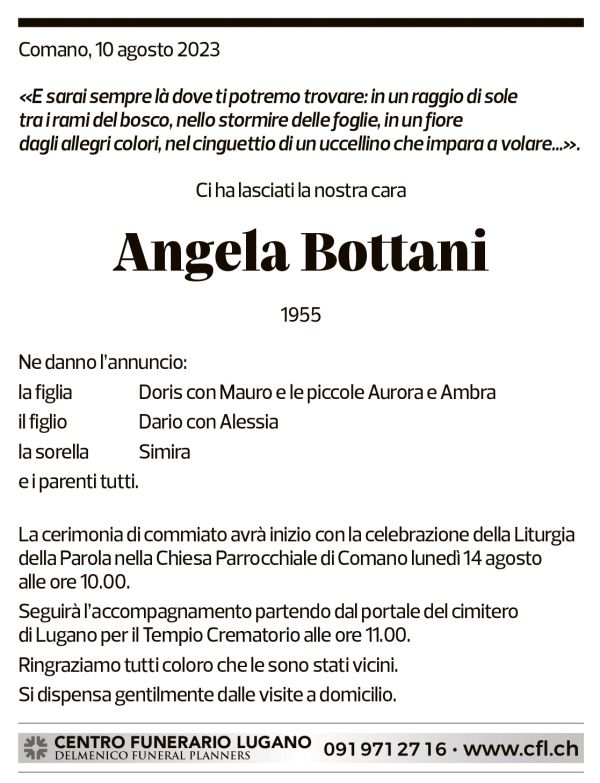 Annuncio funebre Angela Bottani