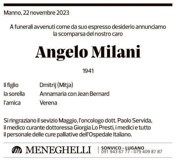 Annuncio funebre Angelo Milani