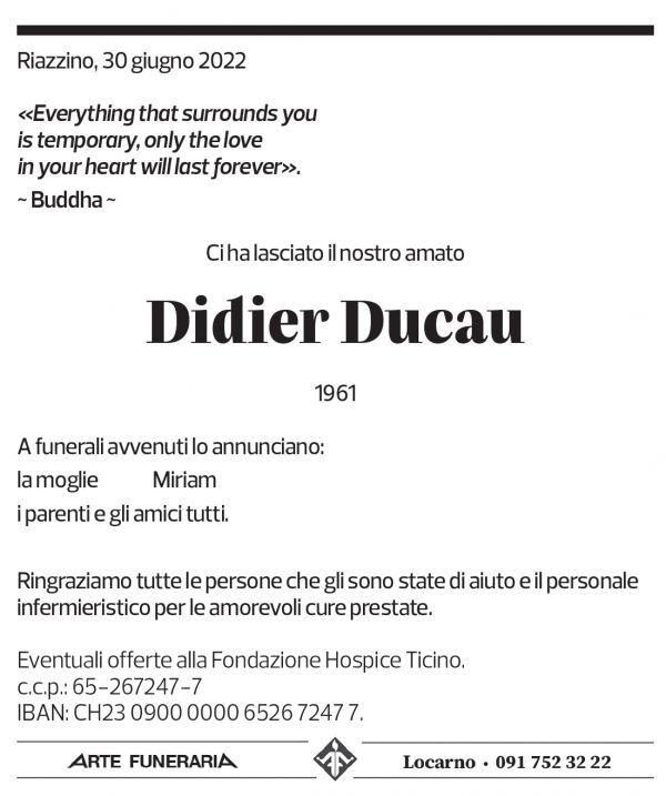 Annuncio funebre Didier Ducau