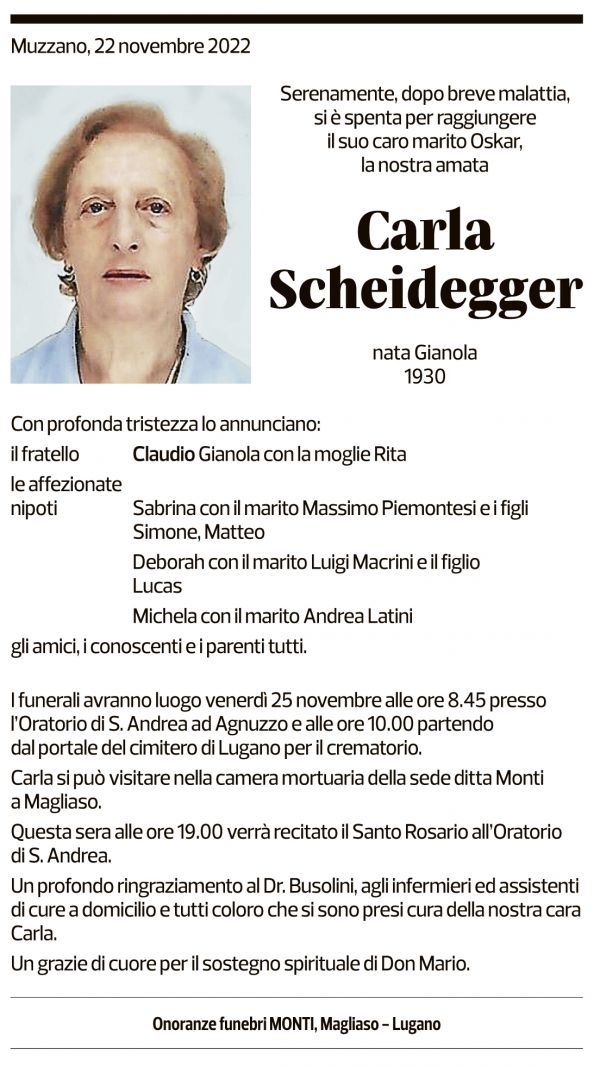 Annuncio funebre Carla Scheidegger