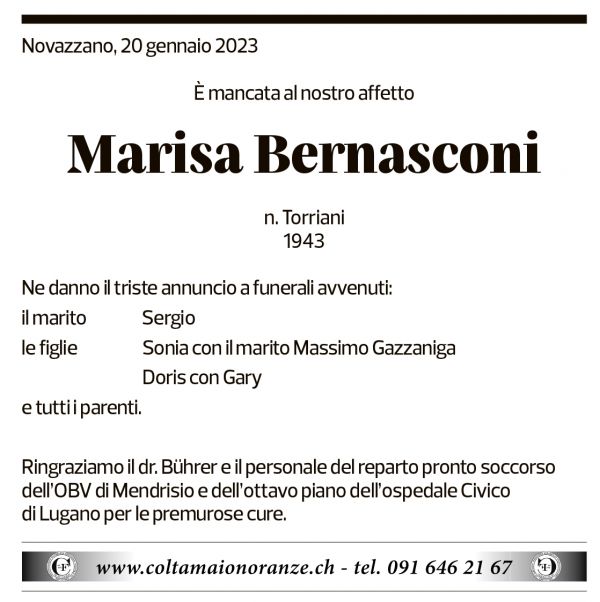 Annuncio funebre Marisa Bernasconi