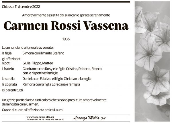 Annuncio funebre Carmen Rossi Vassena