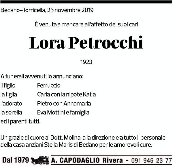 Annuncio funebre Lora Petrocchi