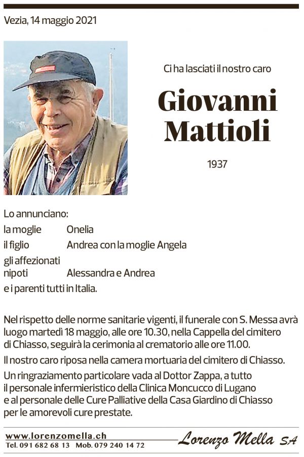 Annuncio funebre Giovanni Mattioli