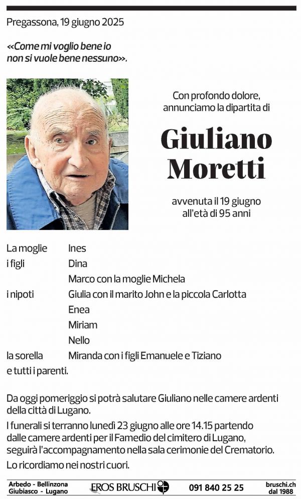 Annuncio funebre Giuliano Moretti