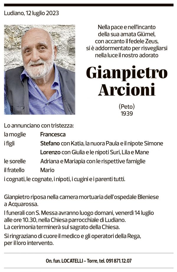 Annuncio funebre Gianpietro Arcioni