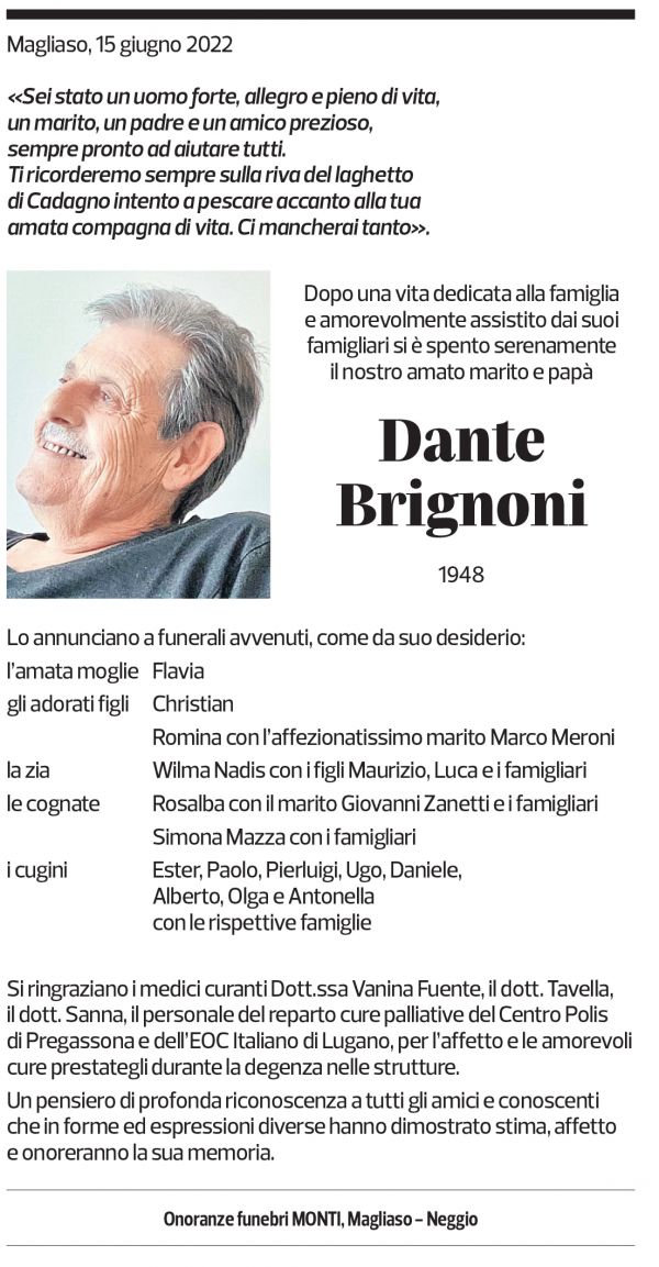 Annuncio funebre Dante Brignoni