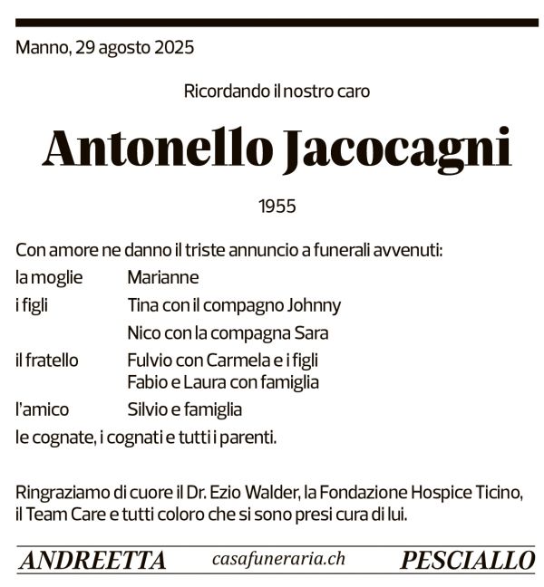 Annuncio funebre Antonello Jacocagni