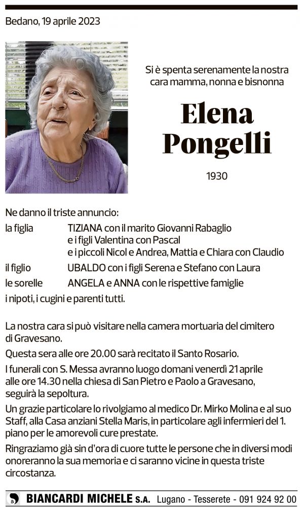 Annuncio funebre Elena Pongelli