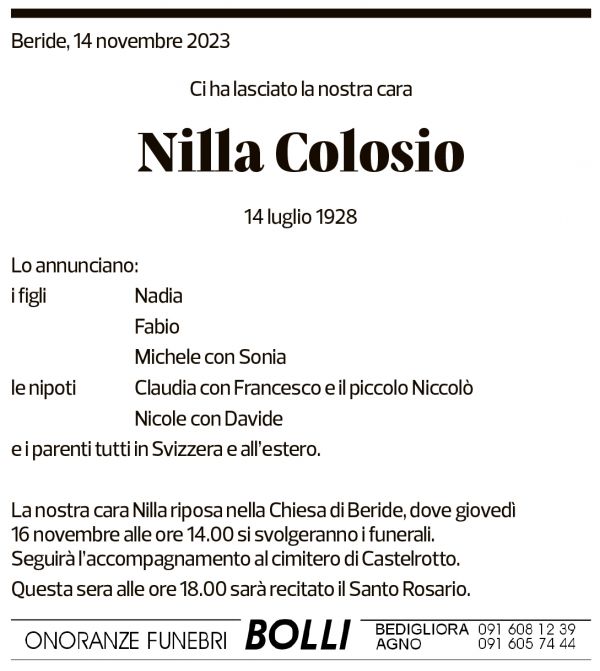 Annuncio funebre Nilla Colosio