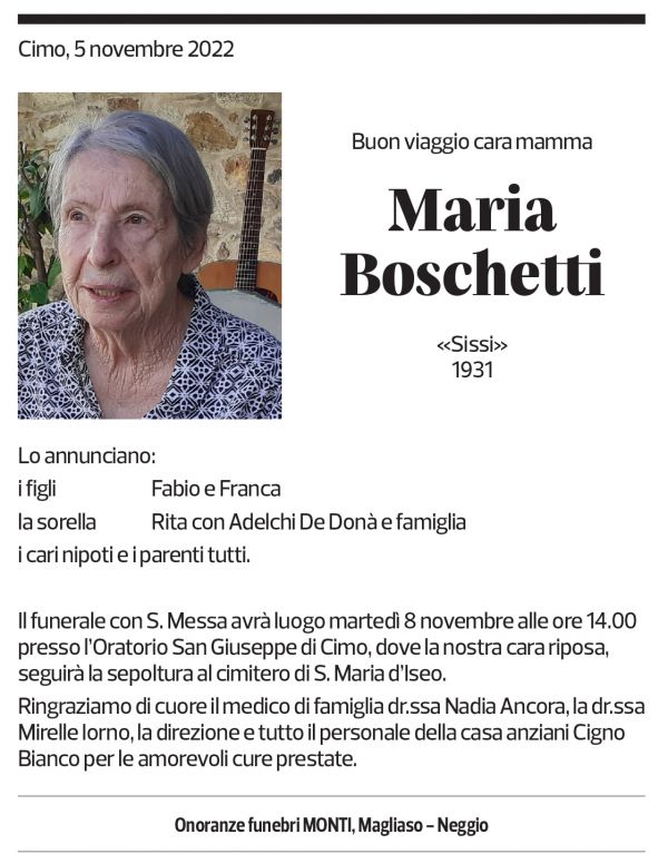 Annuncio funebre Maria Boschetti