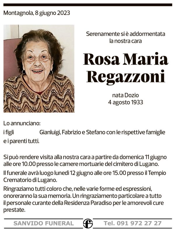 Annuncio funebre Rosa Maria Regazzoni