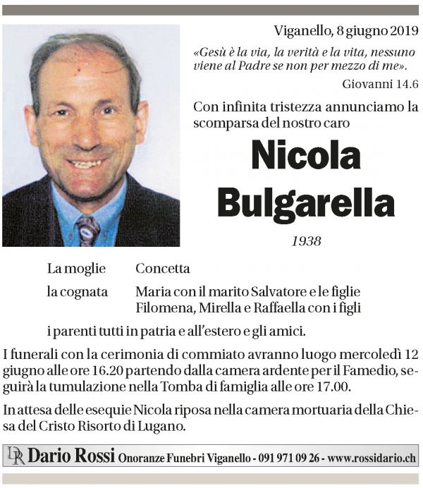 Annuncio funebre Nicola Bulgarella