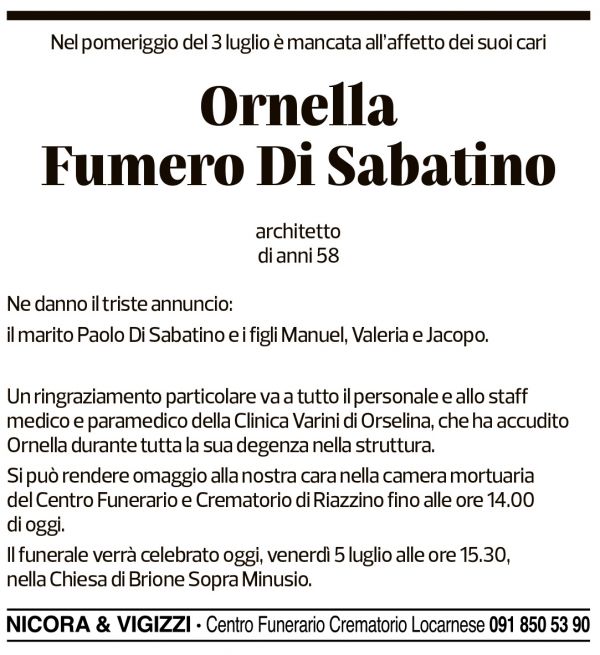 Annuncio funebre Ornella Fumero Di Sabatino