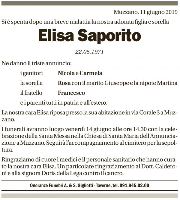 Annuncio funebre Elisa Saporito