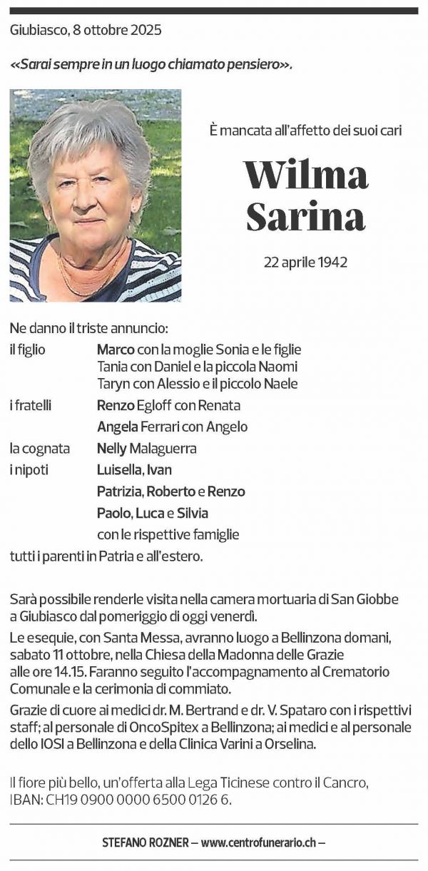 Annuncio funebre Wilma Sarina