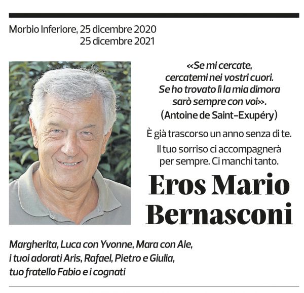 Annuncio funebre Eros Mario Bernasconi