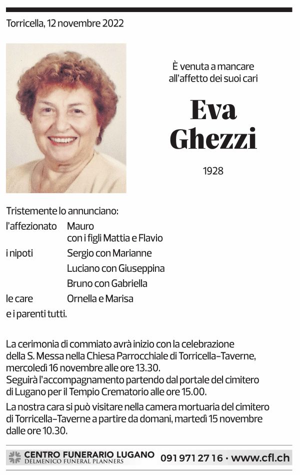 Annuncio funebre Eva Ghiezzi