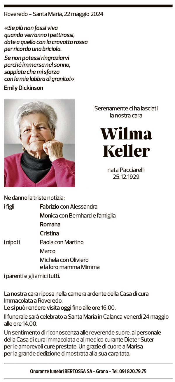 Annuncio funebre Wilma Keller