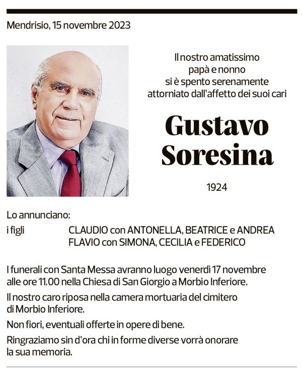 Annuncio funebre Gustavo Soresina