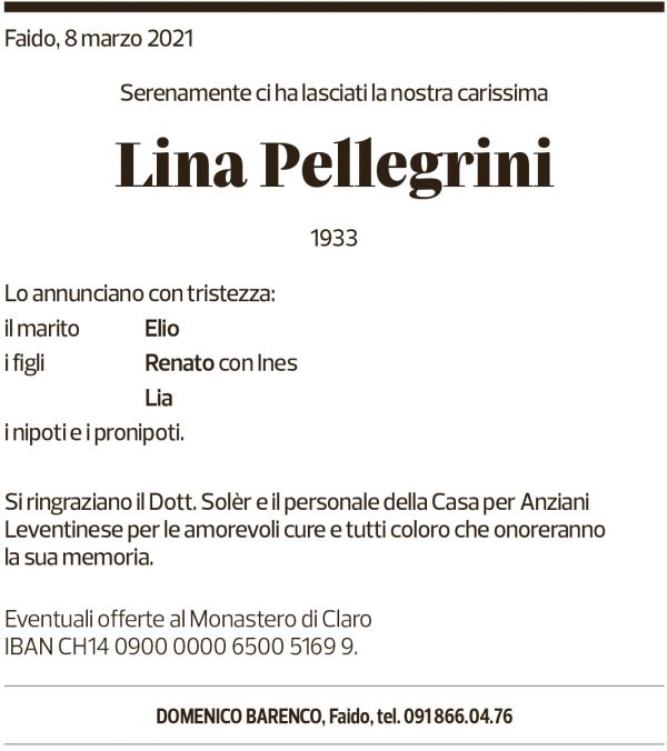 Annuncio funebre Lina Pellegrini