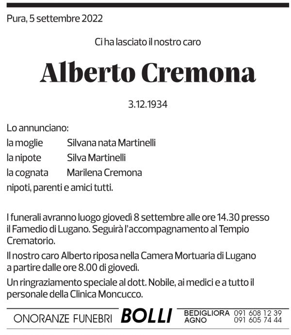 Annuncio funebre Alberto Cremona