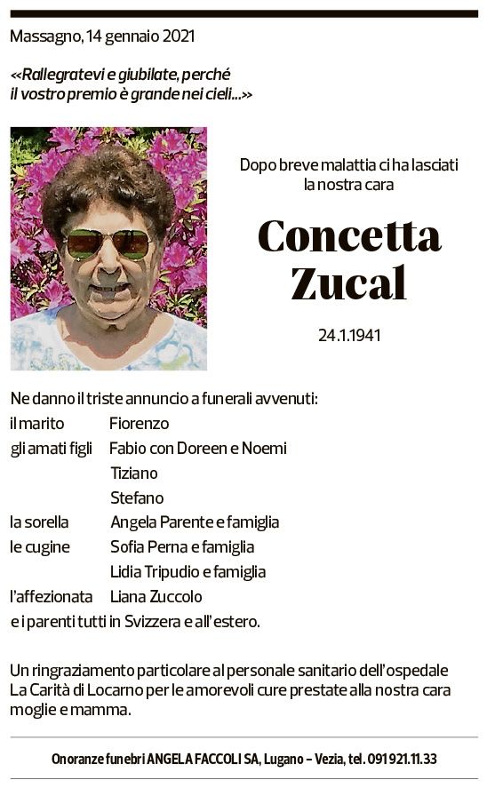 Annuncio funebre Concetta Zucal