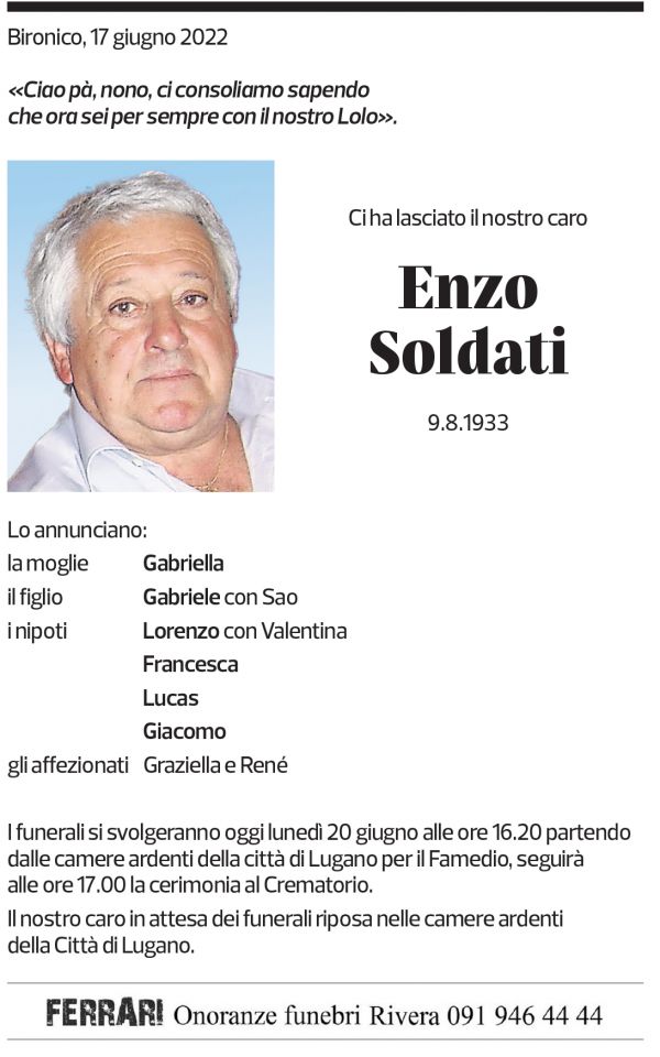 Annuncio funebre Enzo Soldati