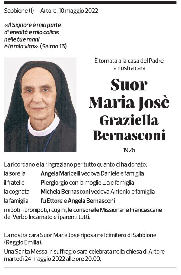 Annuncio funebre Maria Josè Bernasconi