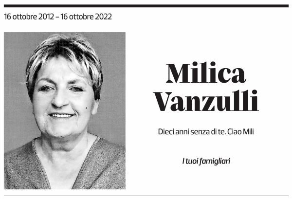 Annuncio funebre Milica Vanzulli