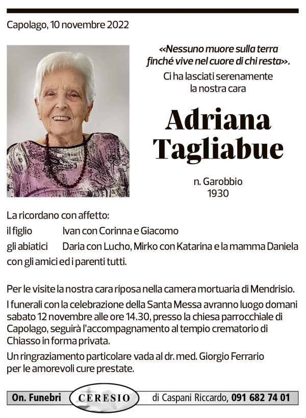 Annuncio funebre Adriana Tagliabue