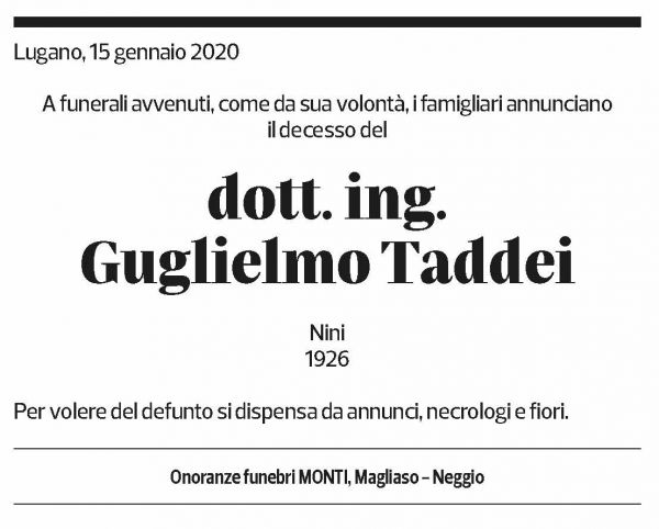 Annuncio funebre Guglielmo Taddei