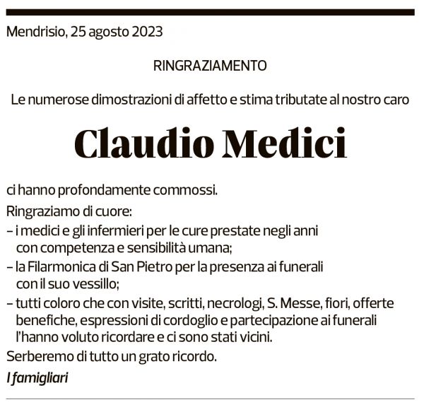 Annuncio funebre Claudio Medici