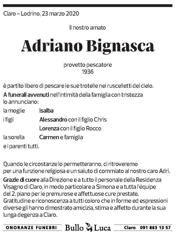 Annuncio funebre Adriano Bignasca