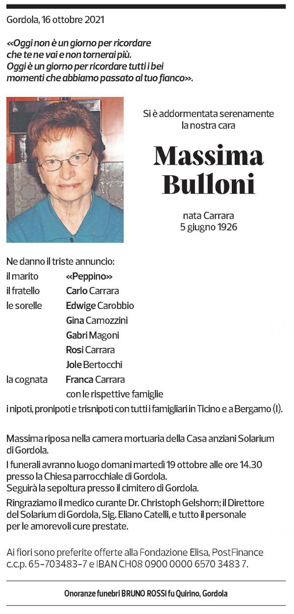 Annuncio funebre Massima Bulloni