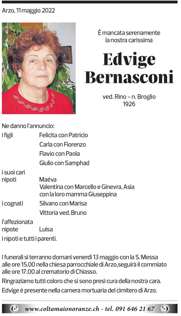 Annuncio funebre Edvige Bernasconi