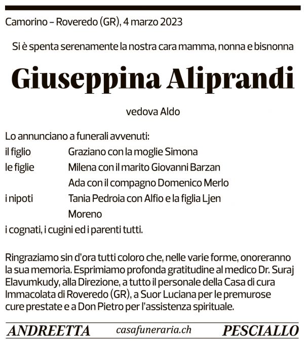 Annuncio funebre Giuseppina Aliprandi