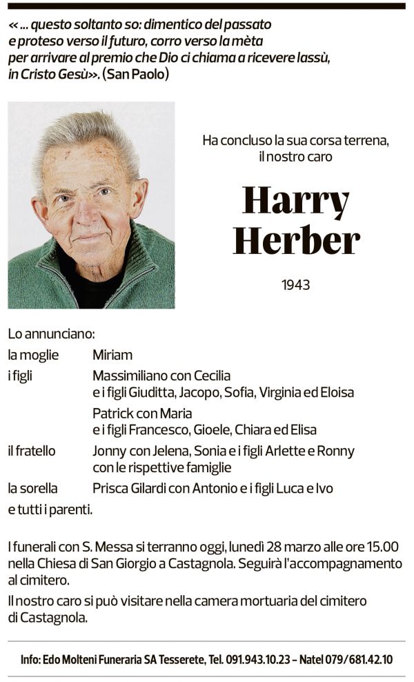 Annuncio funebre Harry Herber