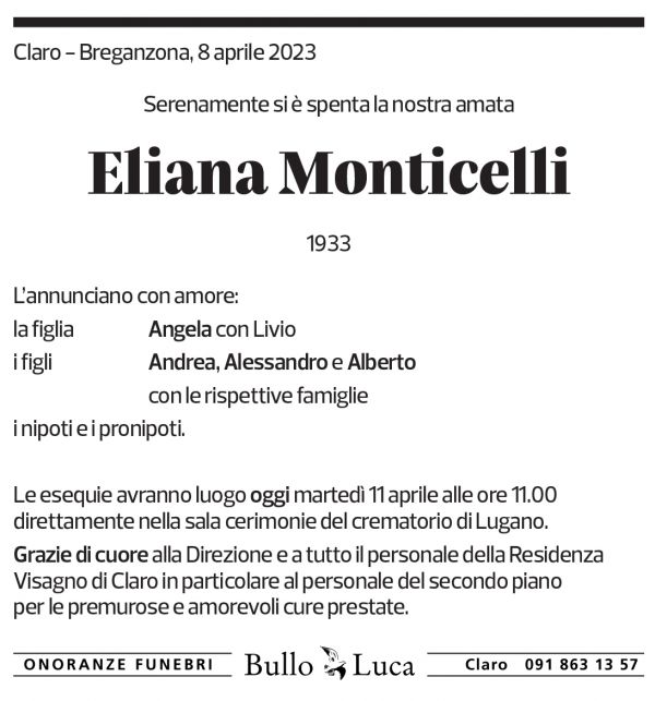 Annuncio funebre Eliana Monticelli