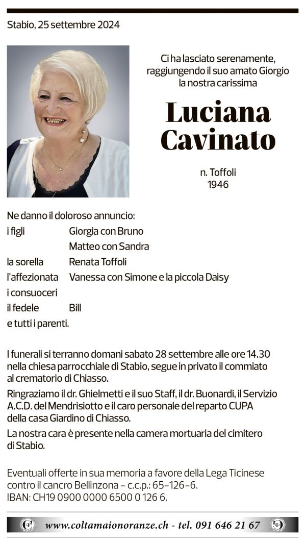 Annuncio funebre Luciana Cavinato