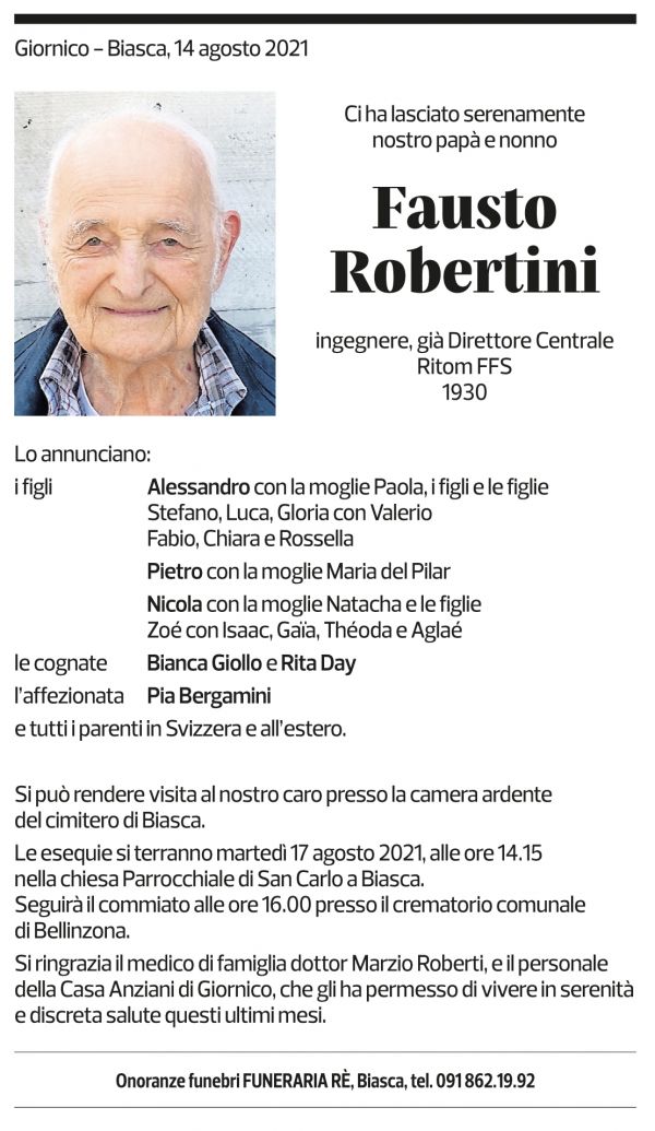 Annuncio funebre Fausto Robertini