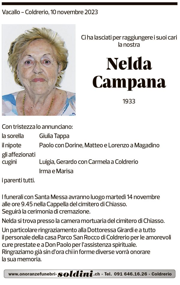 Annuncio funebre Nelda Campana