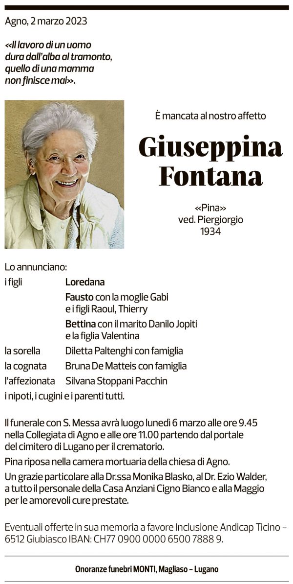 Annuncio funebre Giuseppina Fontana