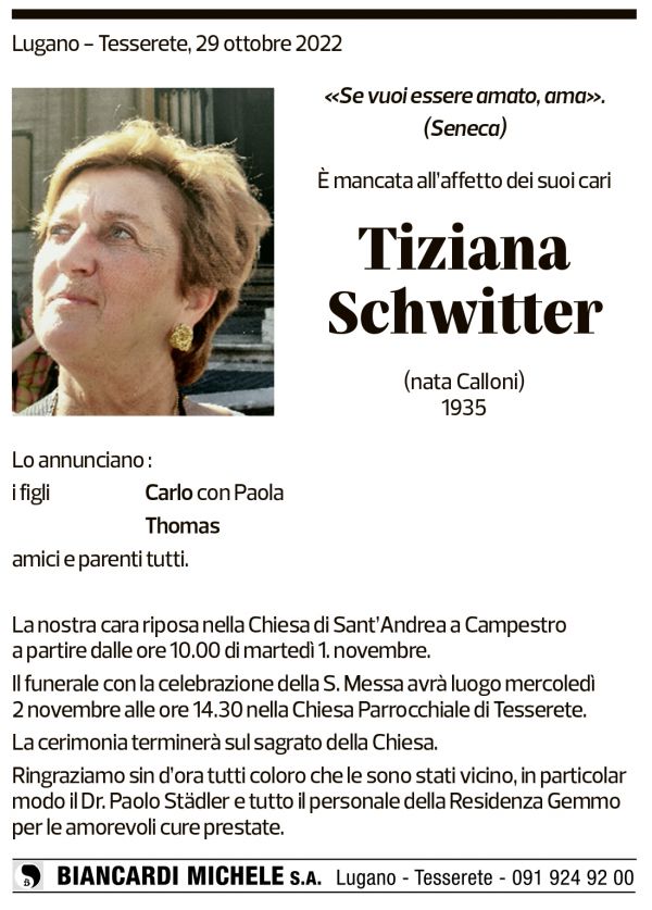 Annuncio funebre Tiziana Schwitter